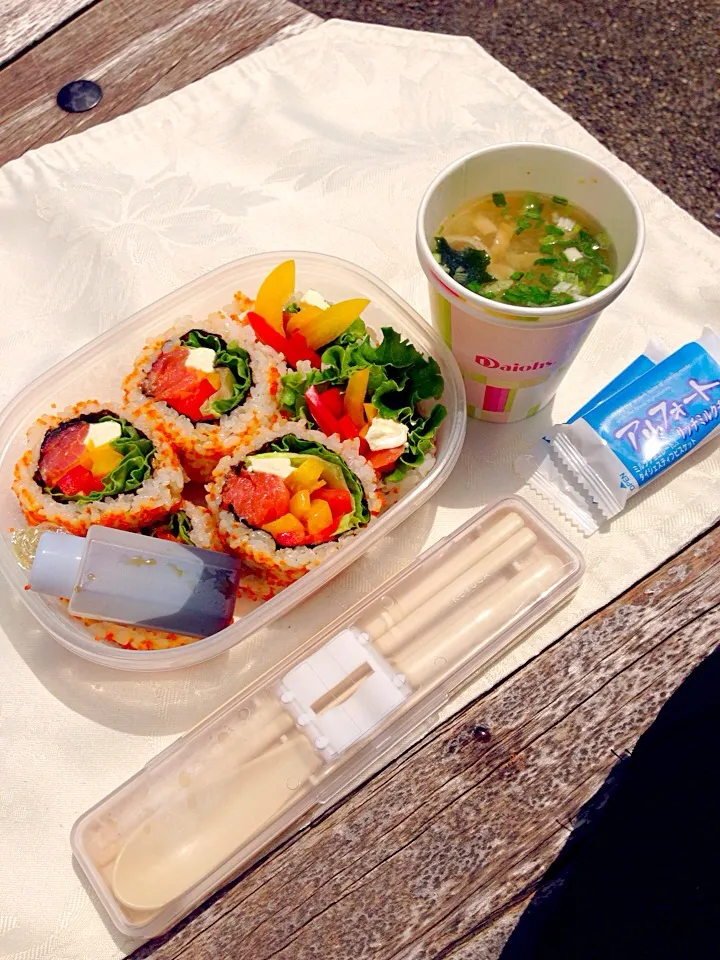 Snapdishの料理写真:My picnic lunch is smoked salmon and cream cheese salad sushi with miso soup|Kumigarさん