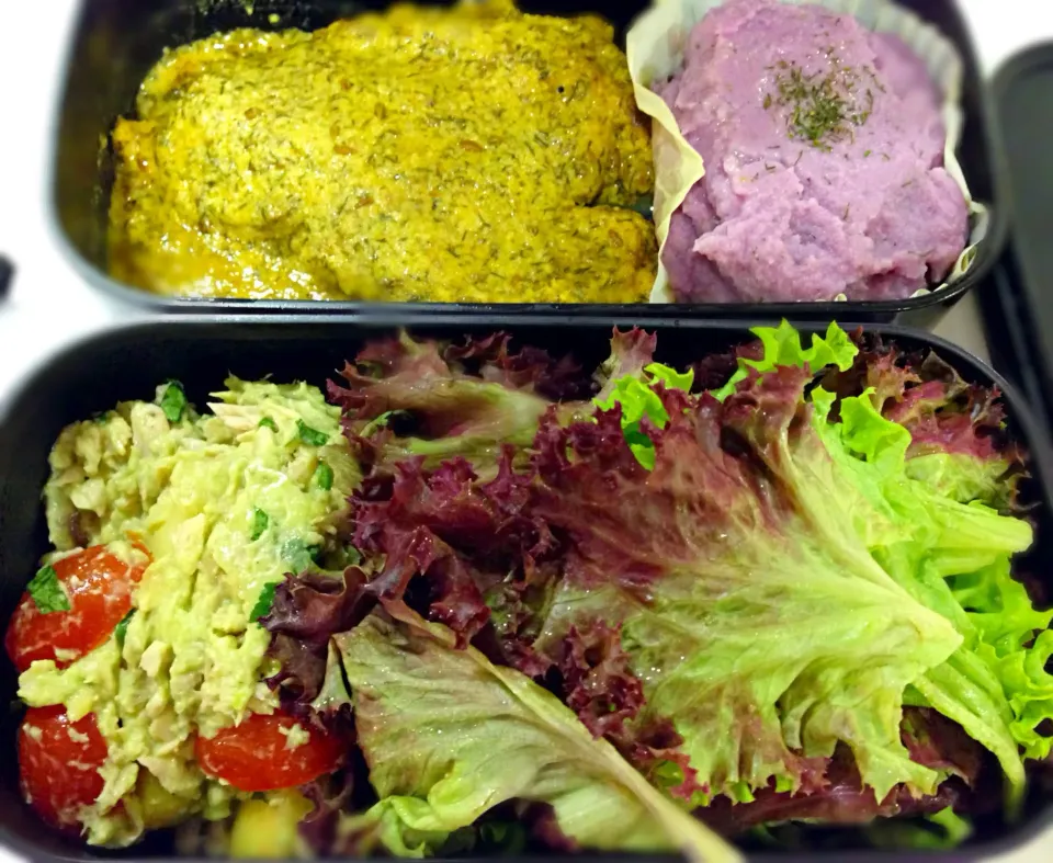 Bento for today - curry dill chicken, cauliflower-purple sweet potato mash, apple tuna salad|coxiella24さん