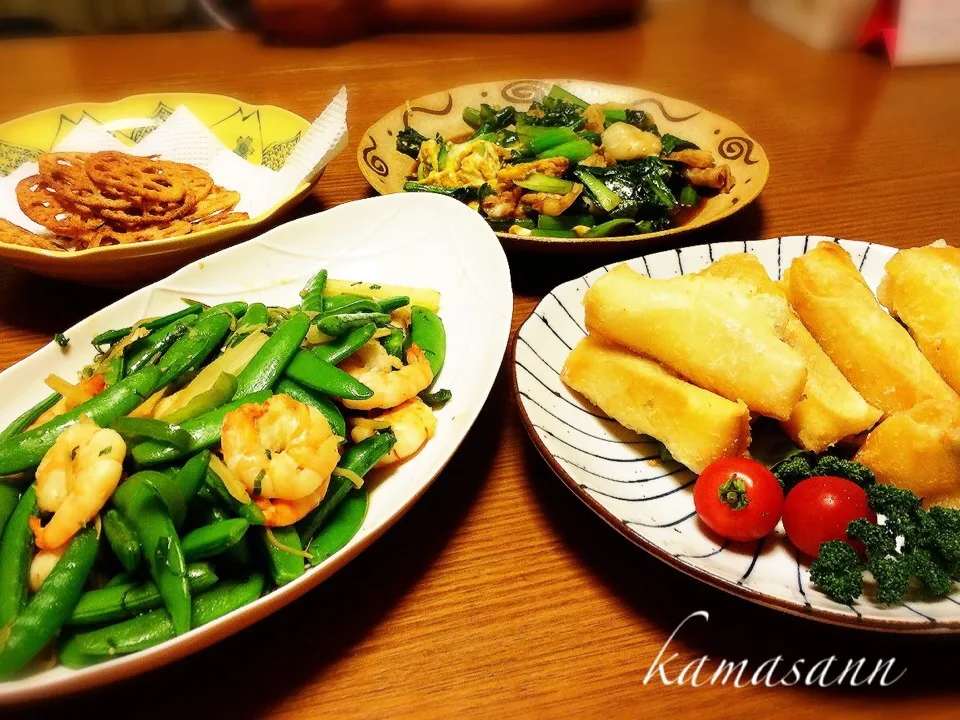 明太じゃが餅チーズ春巻き♪ スナップえんどうと海老の中華風炒め物♪など…|かまさん