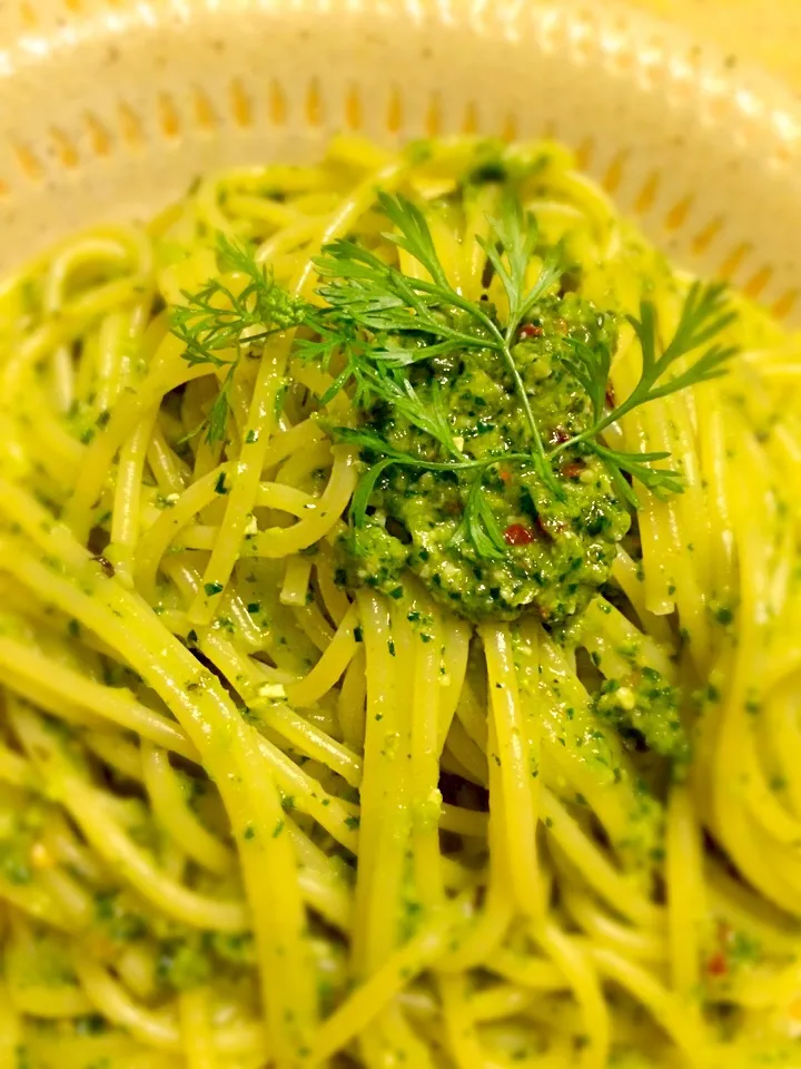 黄な粉さんの料理 春菊のジェノベーゼ風パスタ|MIEKO 沼澤三永子さん