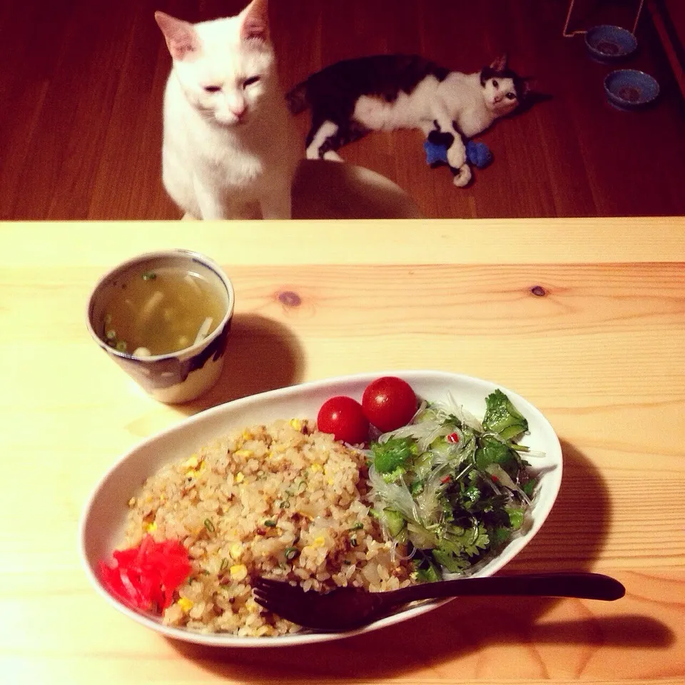 炒飯、ヤムウンセン風サラダ、鶏ガラとナンプラースープ。|naouさん