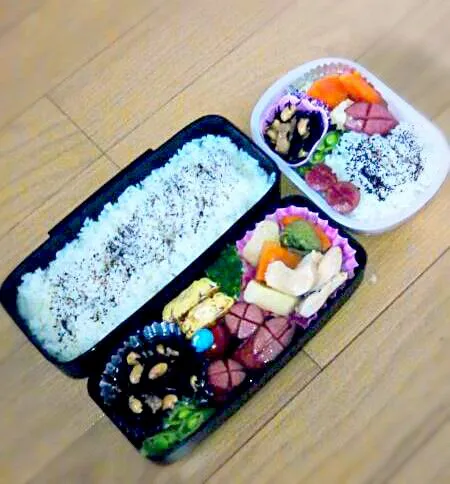 0520　彼お弁当＋私お弁当♡
ひじき煮(夕飯残り)
玉子焼き、スナップえんどう、ミニトマト
ウインナー
鶏塩ジャガ(夕飯残り)|ｅｒｉさん