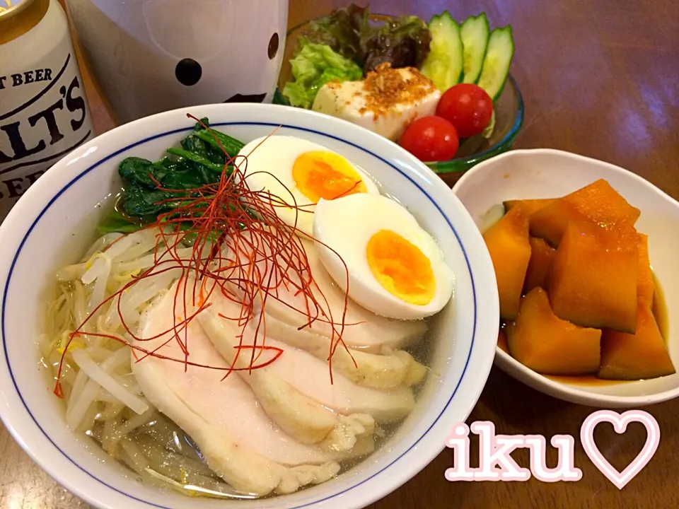 とりはむスープで塩ラーメン風春雨ヌードル、かぼちゃの煮物、豆腐サラダ(bﾟv`*)|いく❤️さん