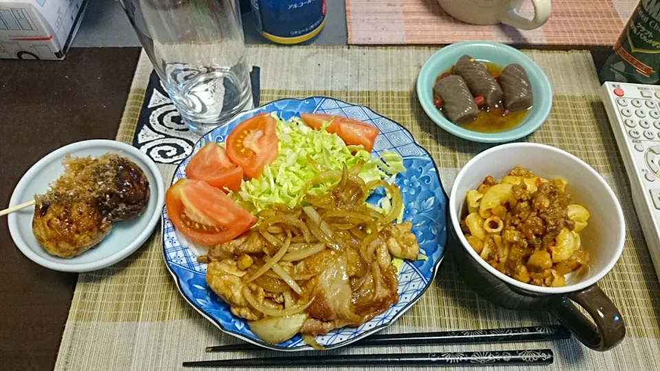 豚肉のしょうが焼き＆マカロニチリコンカン|まぐろさん