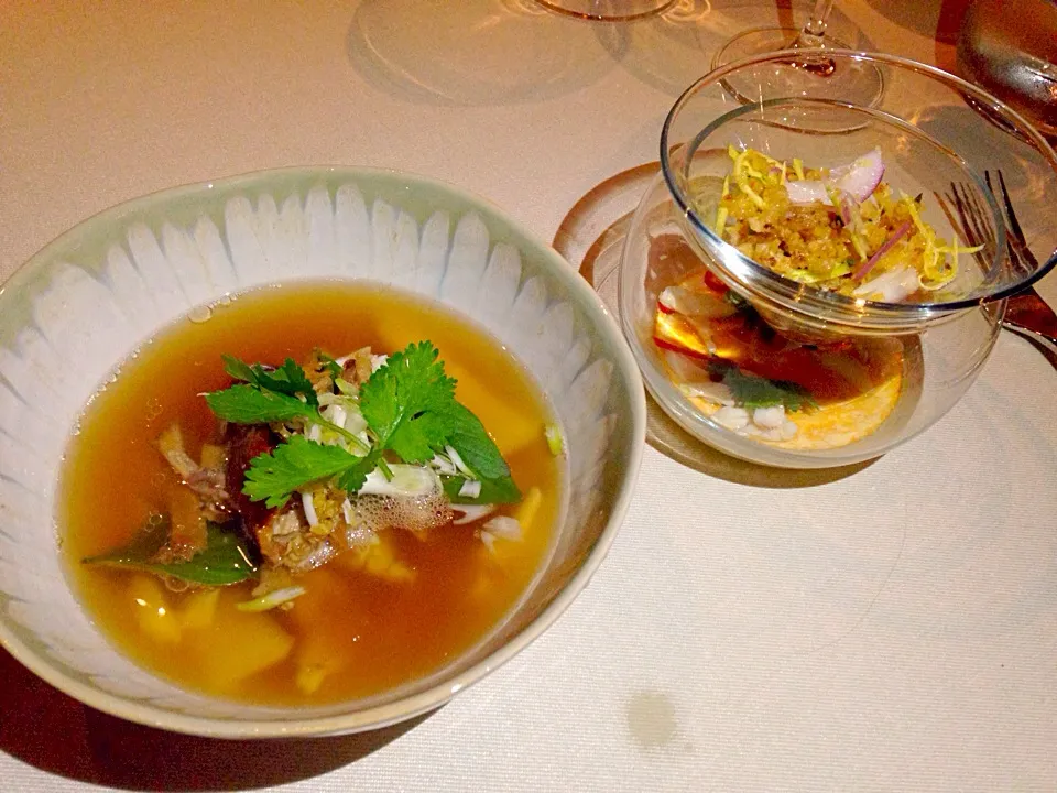 Clear soup with roast duck with Crabmeat and tapioca pearls served with Yam Pla Duk Foo Deconstructed - Tom Yam Custard with Crabmeat and Crispy catfish Salad|Obeoom Jumsai Na Ayudhyaさん