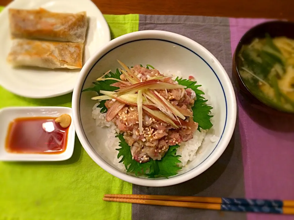 鯵のなめろう丼  ひき肉と春雨の春巻|haseseさん