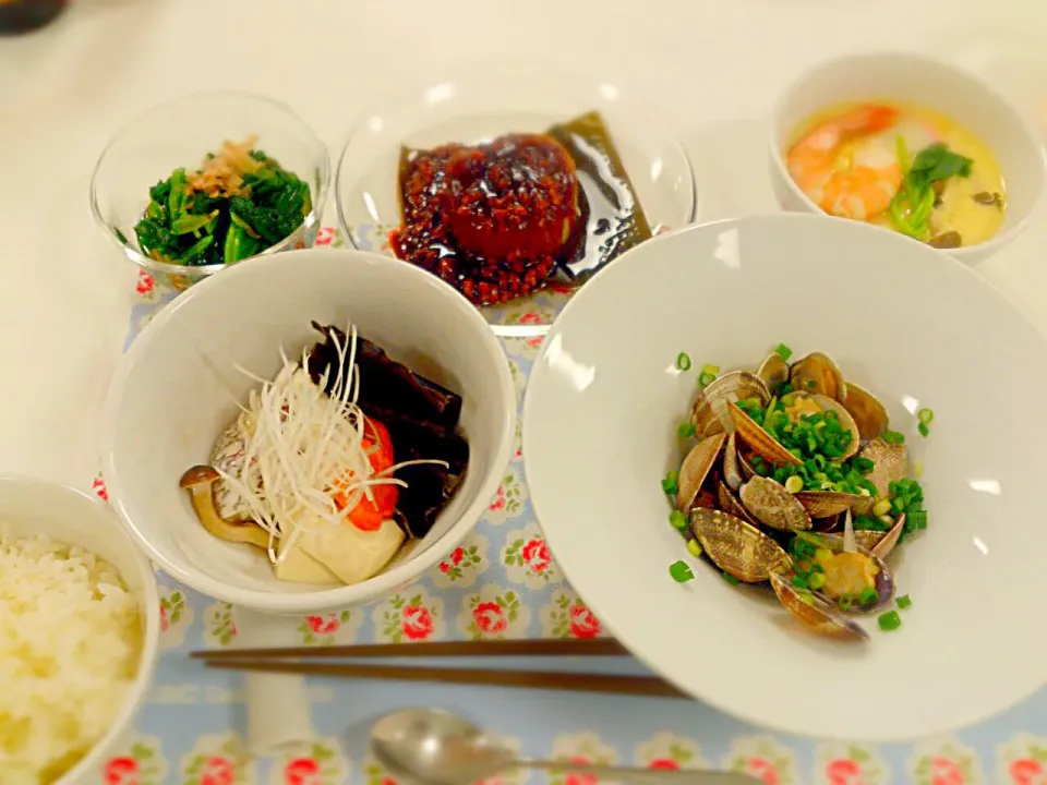 あさり酒蒸し 鯛のちり蒸し 茶碗蒸し ふろふき大根 ほうれん草お浸し|にゃろめさん