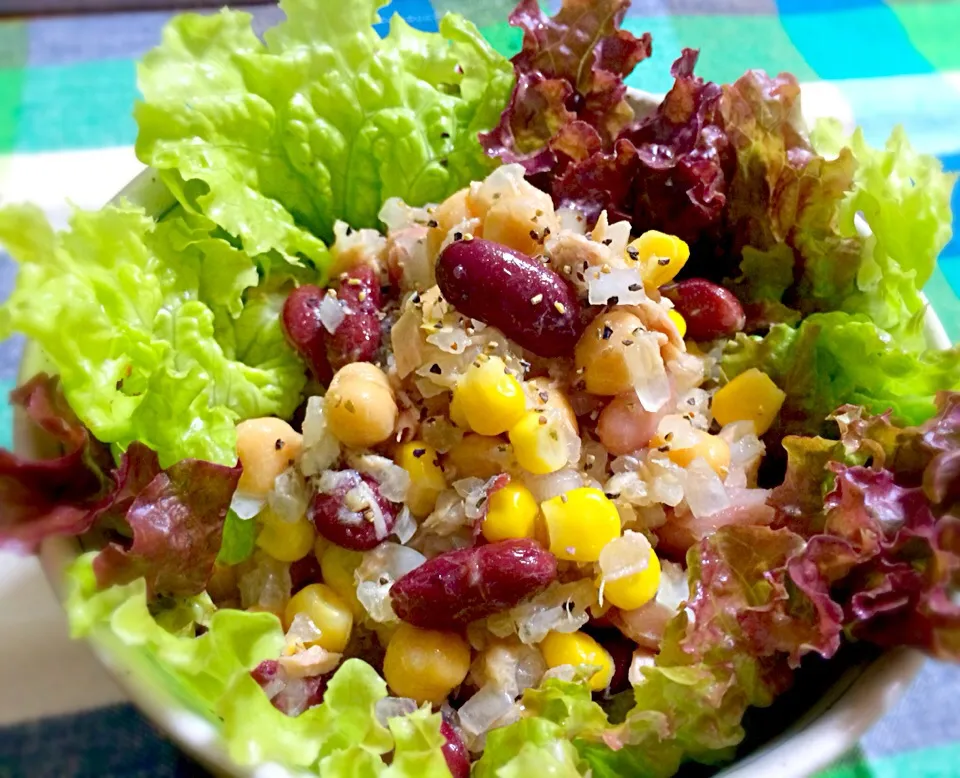 Snapdishの料理写真:咲きちゃんさんの料理 うんまい✨豆、玉ねぎ、コーンとツナのレモンサラダ✨✨|ぷっくりんこ💙さん