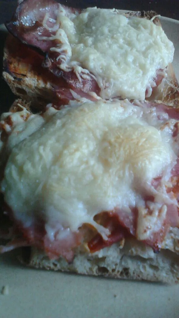 Snapdishの料理写真:Tartine à la tomate basilic, Jambon blanc et gruyère et servie avec une salade verte.|PHILIPPEさん