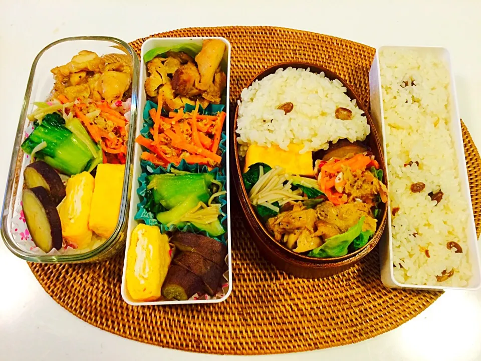 Snapdishの料理写真:今日のお弁当！チキンのオレンジ煮込み、青梗菜とえのきの胡麻和え、にんじんとツナのサラダ、サツマイモのレモン煮、卵焼きd(^_^o)|mamigoさん