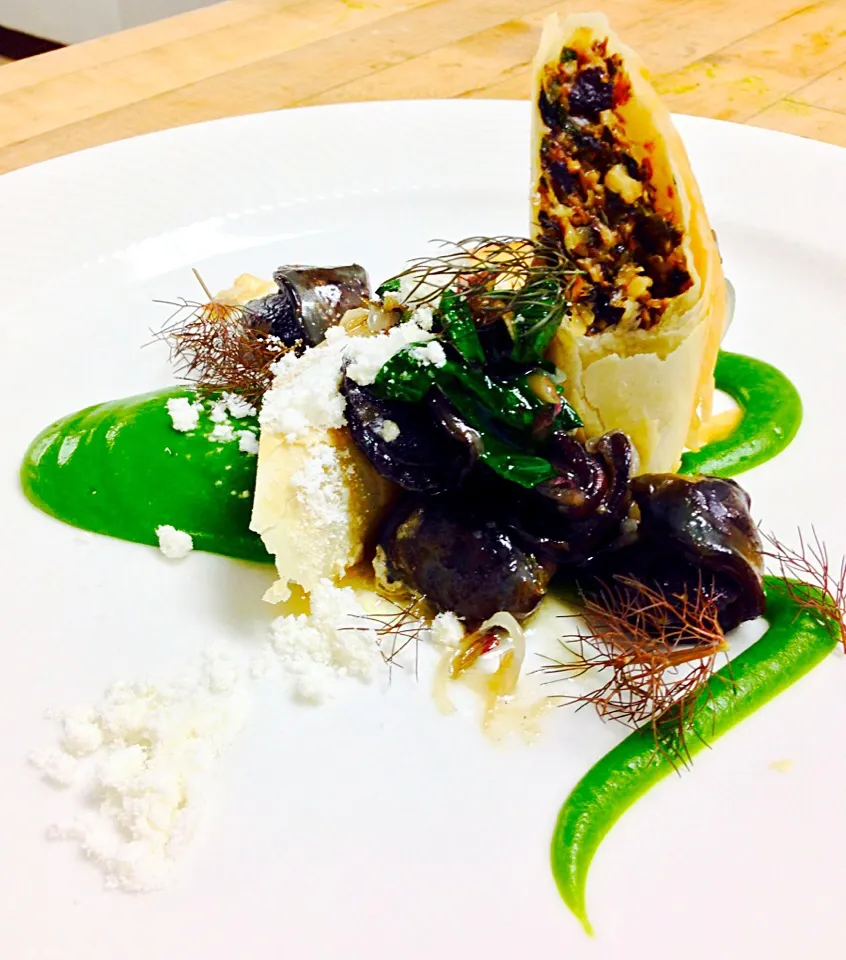 Local mushroom strudel, escargots, asparagus purée, truffle powder|Shawn F Doyle CECさん