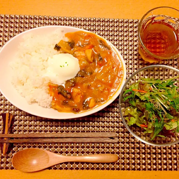 たっぷり野菜のノンオイル無水チキンカレー                      水菜とサニーレタスの手作り中華ドレッシングサラダ|中西 ツヨシさん