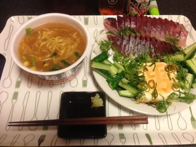 麺職人味噌、ハマチのお刺身、お疲れ男奴、塩もみキュウリ！꒰✩'ω`ૢ✩꒱✨|サソリさん