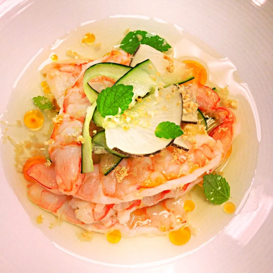 Poached shrimp, tomato water, cucumber, black radish, lemon balm, shrimp oil|andrew franciscoさん