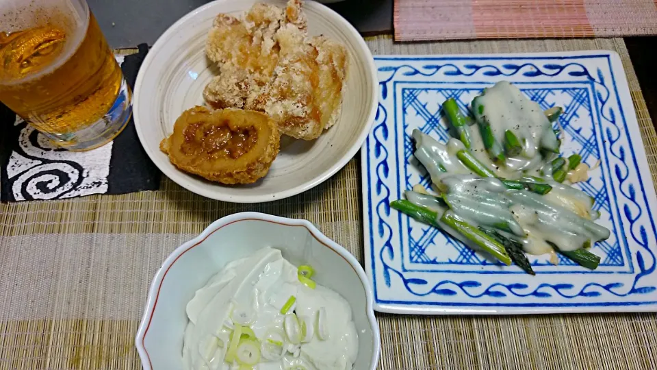 塩唐揚げ＆ビーフシチューコロッケ＆わさび豆腐＆アスパラガスとチーズ|まぐろさん