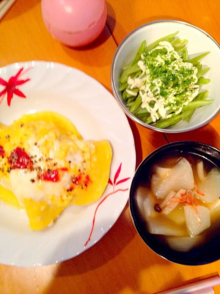 🐣オムライス&かぶ、しめじ、豆腐入りスープ&なた豆のマヨサラダ|ch＊K*∀o(^^*)♪さん