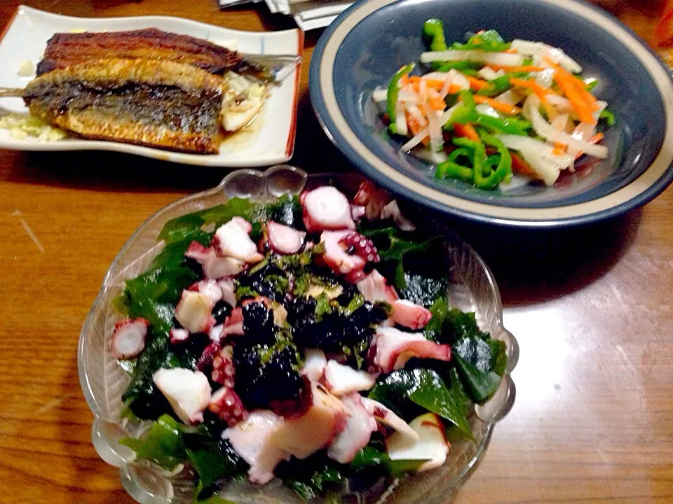 Snapdishの料理写真:蛸と海鮮カルパッチョ・鰯の梅の蒲焼・緑黄色野菜サラダ|Tarou  Masayukiさん