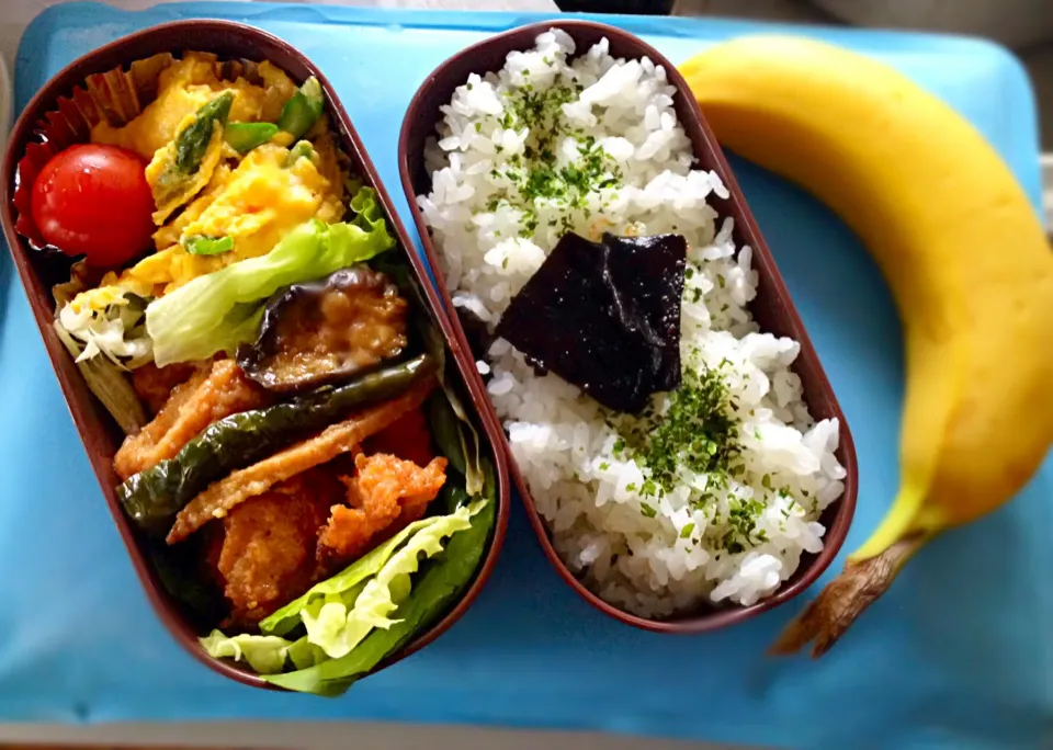 娘の弁当 唐揚げ 茄子筍南蛮漬け アスパラオムレツ|まった ゆうゆうさん