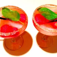 Snapdishの料理写真:White grapefruit passion fruit lime margarita with frozen strawberries and basil with chile lime rim|bertocci infernoさん