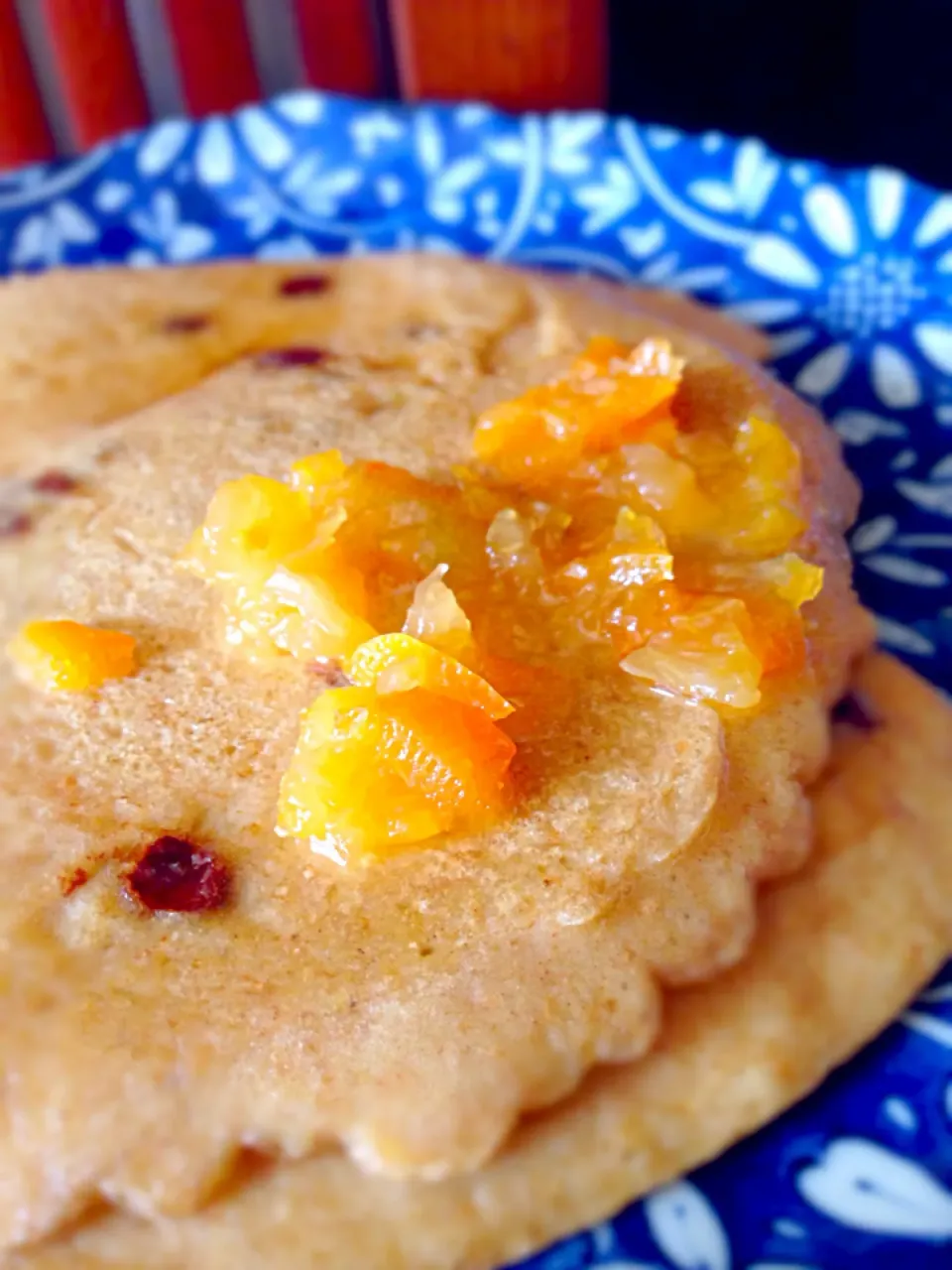 Rice powder soy pancake with homemade marmalade :) 米粉、豆乳パンケーキで手作りマーマレードのトッピング(*^^*)|Tanuさん