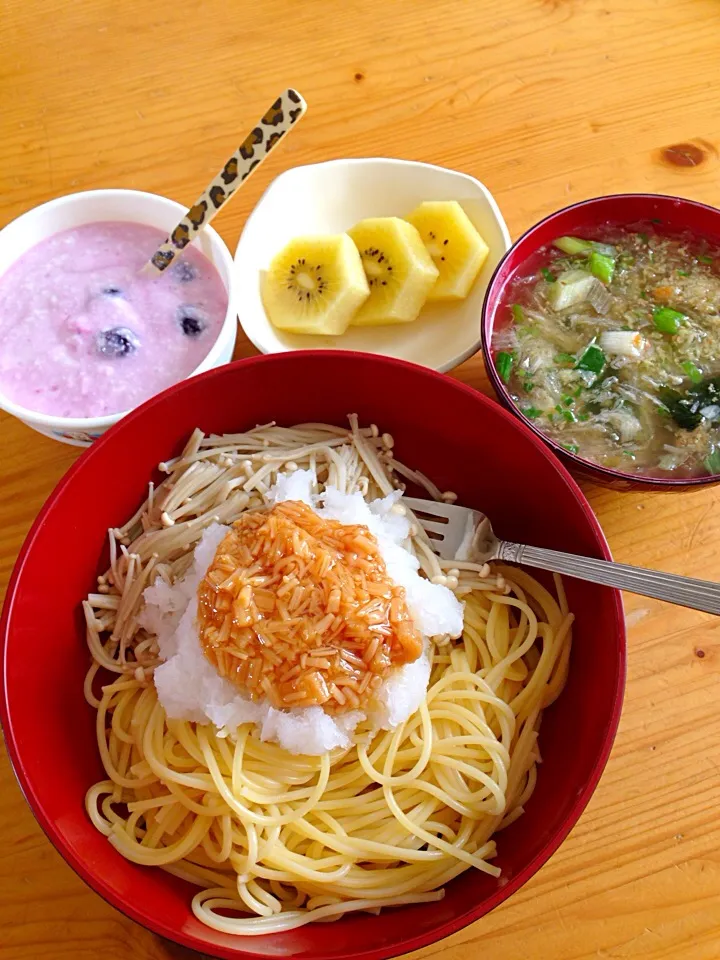 大根おろしとナメタケのスパゲティ|石川家食卓スナップさん