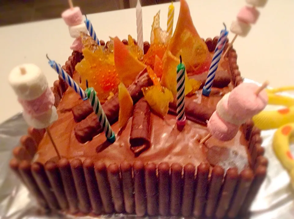 Chocolate campfire cake. The flames are made from boiled lollies melted in the oven|woodfiredさん