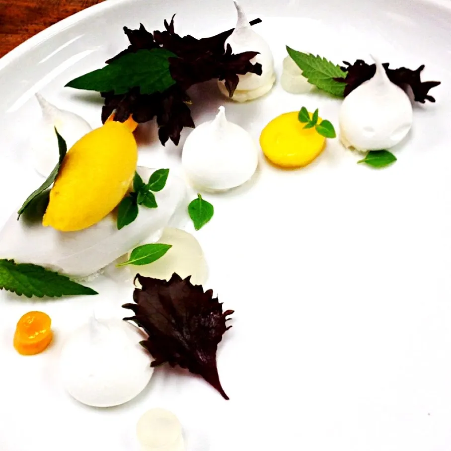 Coconut & mango pavlova, kaffir lime jellies & cream, garden herbs|andrew franciscoさん