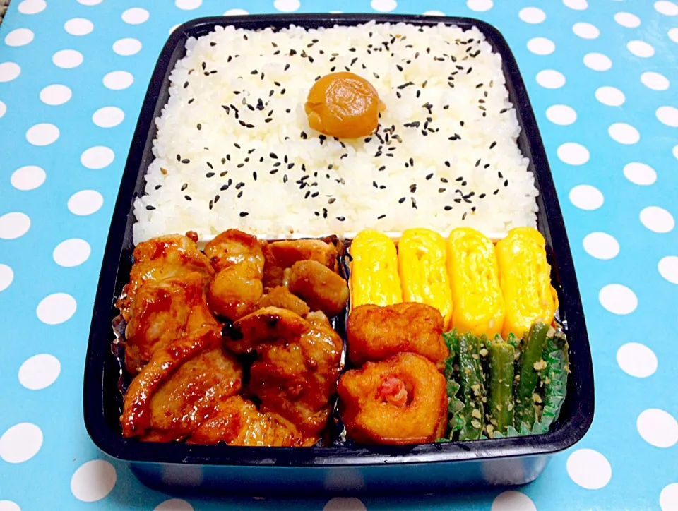 Pork with soy sauce, Rolled Scrambled egg, bacon on potato & sesame beans in lunch box|Liezlさん