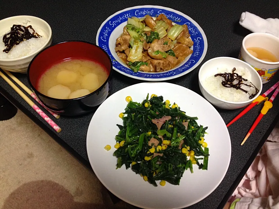 鶏白菜照り焼き•ほうれん草バター醤油炒め|うるしちかさん