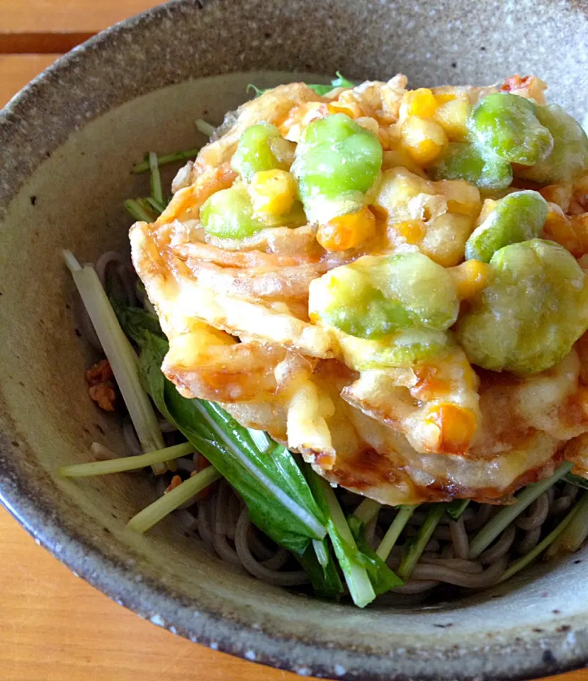 Snapdishの料理写真:そら豆とトウモロコシのかき揚げ蕎麦(=ﾟωﾟ)ﾉ|alohasantaさん