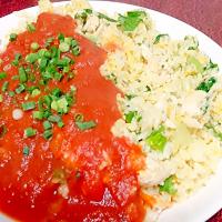 セロリと鶏ササミのトマトソース餡掛け炒飯