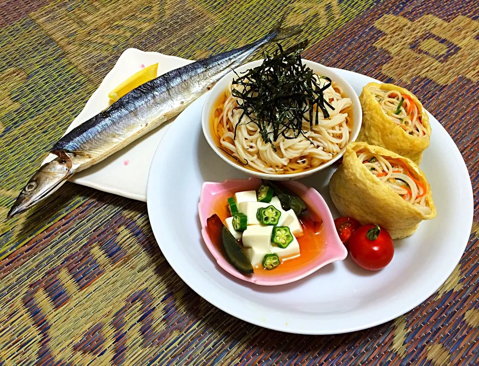 二種類のそうめん・サンマ焼き・ピータン豆腐|Gloriaさん