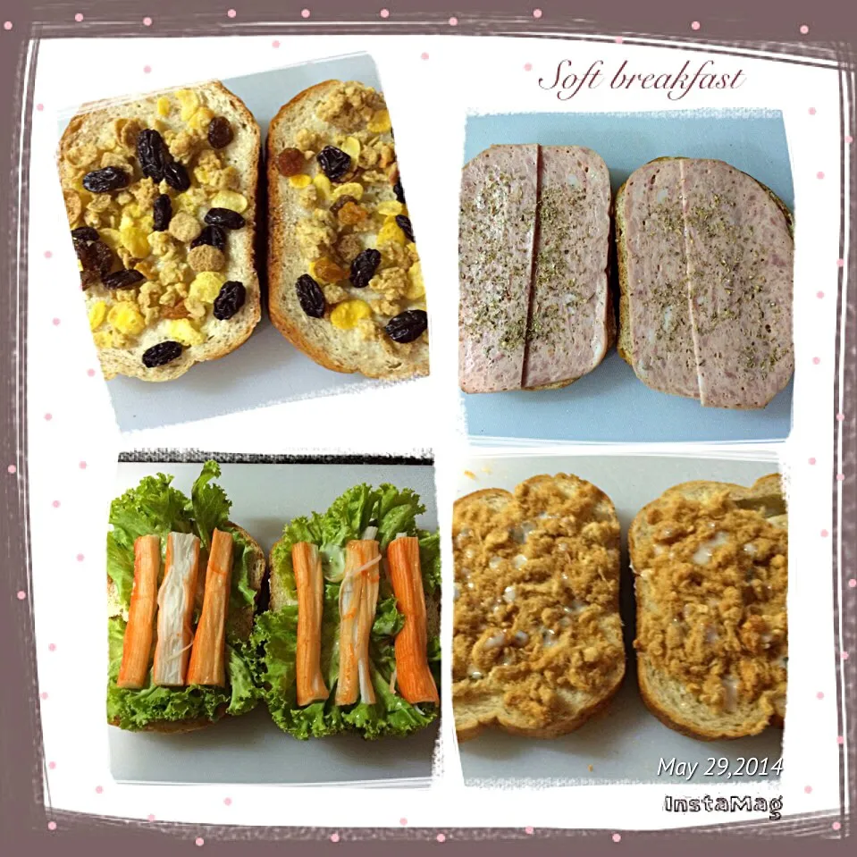 Soft breakfast : Bread with cereal, ham, crab stick, shredded pork on TOP (in version not baked yet)|Rita L'amoritaさん