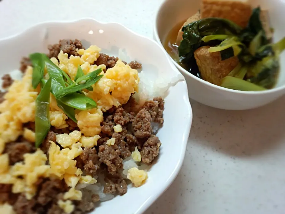 そぼろご飯and厚揚げと小松菜の煮たの|ちび太さん