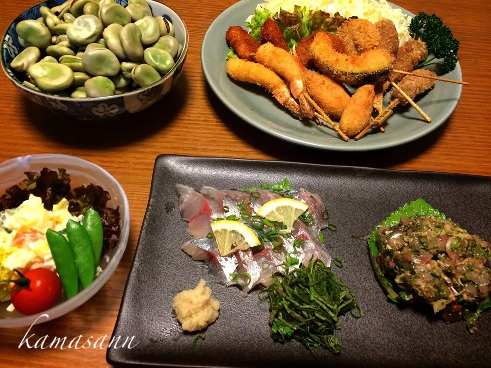 鯵のお造りとなめろう🐟 串カツ♪…など|かまさん