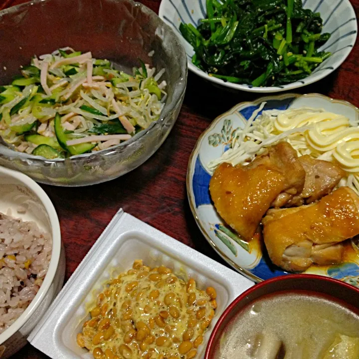 鶏肉のオーブン焼き＆もやしと油揚げと椎茸の味噌汁|ともえさん