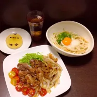 Snapdishの料理写真:ゆりえ先生「豚の梅生姜焼き」を参考にさせていただいた料理+手打ち月見とろろ細うどん+キィロゼリー+梅酒