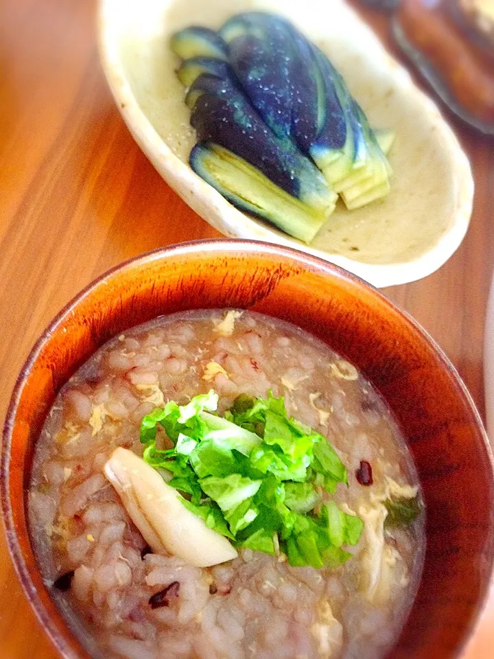 本日のモーニング 黒豆ご飯のおじや&十全茄子のお漬物 さっぱり美味しい♪( ´▽｀)|シェフが本業になりました^_^毎日が新鮮ですヽ(´▽｀)/さん