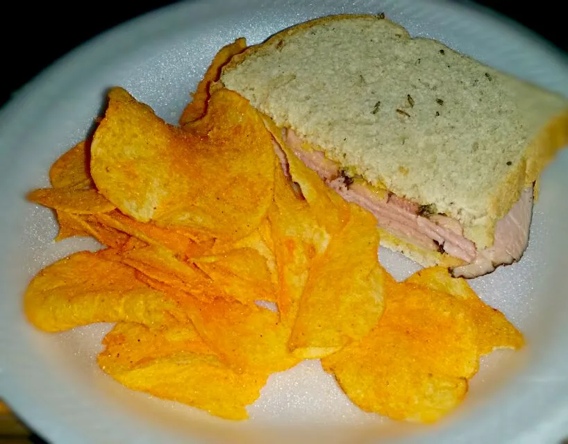 Black forest ham and swiss cheese on Jewish rye with honey mustard and BBQ chips and diet root beer soda|christl babcockさん