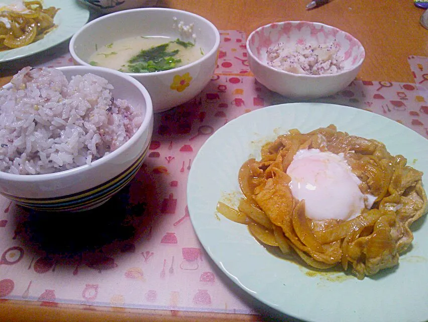 2014年５月２3日 豚こまと玉ねぎのカレーソース炒め ゆかりポテサラ お味噌汁|いもこ。さん