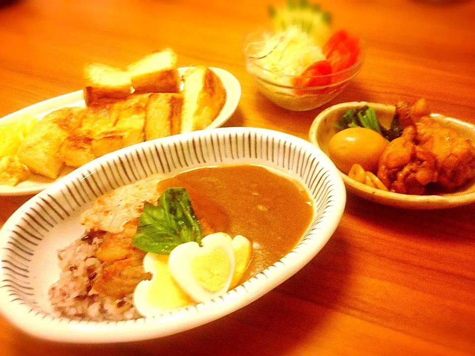 元気がない人のパワー定食 カレー&手羽元の甘酢煮♪( ´▽｀)栃尾の油揚げは酒の肴(^◇^;)|シェフが本業になりました^_^毎日が新鮮ですヽ(´▽｀)/さん