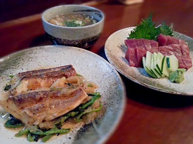 マーマチのポワレ・沖縄県産本マグロ刺身・モズクスープ|いちどぅしさん