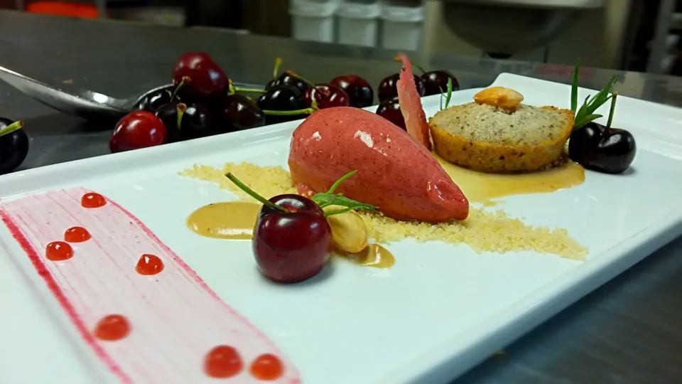 Cherry sorbet, almond butter, almond financier, cherry tuile, frangipane stuffed cherry|TheEffinChefさん