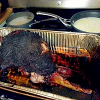 Snapdishの料理写真:Smoked Leg of Lamb with Rice Pilaf and sauce cooking in the background|PoppyAnne Plevrakisさん