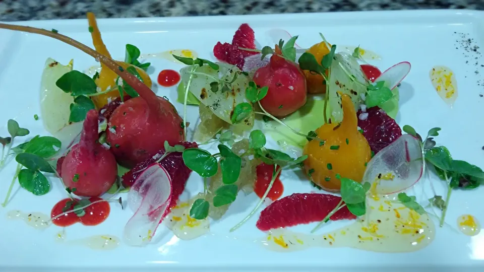 roasted beets, blood orange. fennel, avocado mousse, buckwheat sprouts, orange coriander gastrique|TheEffinChefさん