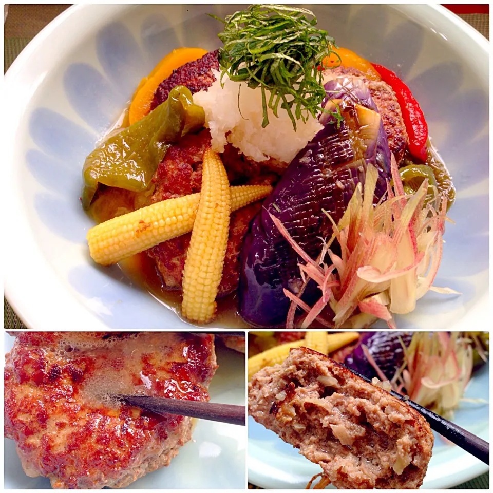 Japanese style hamburg w/Deep-fried Summer vegetable🍶和風おろしﾊﾝﾊﾞｰｸﾞ 夏野菜の揚げ浸し添え|🌈Ami🍻さん