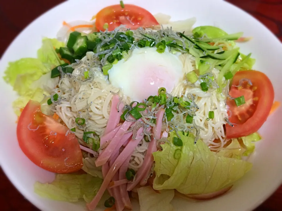 (怠け飯)野菜たっぷりぶっかけ素麺。温玉のせ。|Hiropanさん