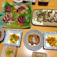 Snapdishの料理写真:ごま豆腐、野菜と海老のゼリー寄せ、豚の角煮、カツオ刺身とタタキ盛り合わせ、しめ鯖の手毬寿司、セロリの煮浸し|Shota  Matsushitaさん