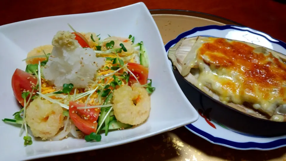 冷やしぶっかけおろし饂飩＆米茄子のグラタン|ｋｚｓｙｋさん