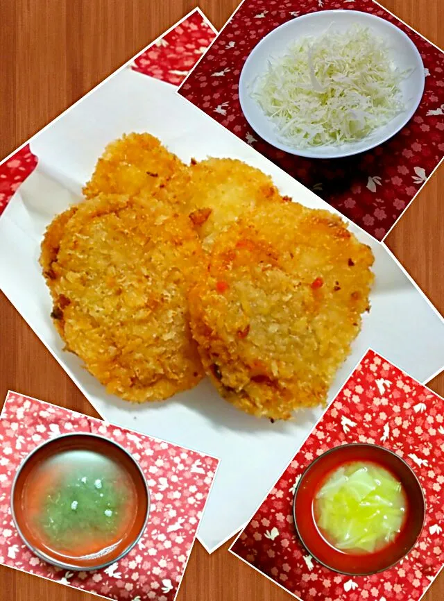 野菜コロッケ
牛肉コロッケ
千切りグリーンボール
グリーンボールの味噌汁
とろろ昆布のすまし汁|猫田さん